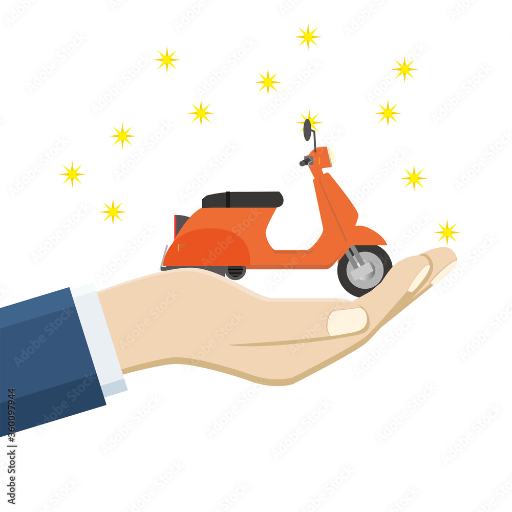手のひら掌に乗ったミニチュア原付きバイクのイラスト 整備保険売買譲渡のイメージ Vector De Stock Adobe Stock