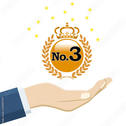 手のひら掌の上に浮かぶNO.3銅メダルゴールドメダルのイラスト｜競技販売ランキングのイメージbronze medal