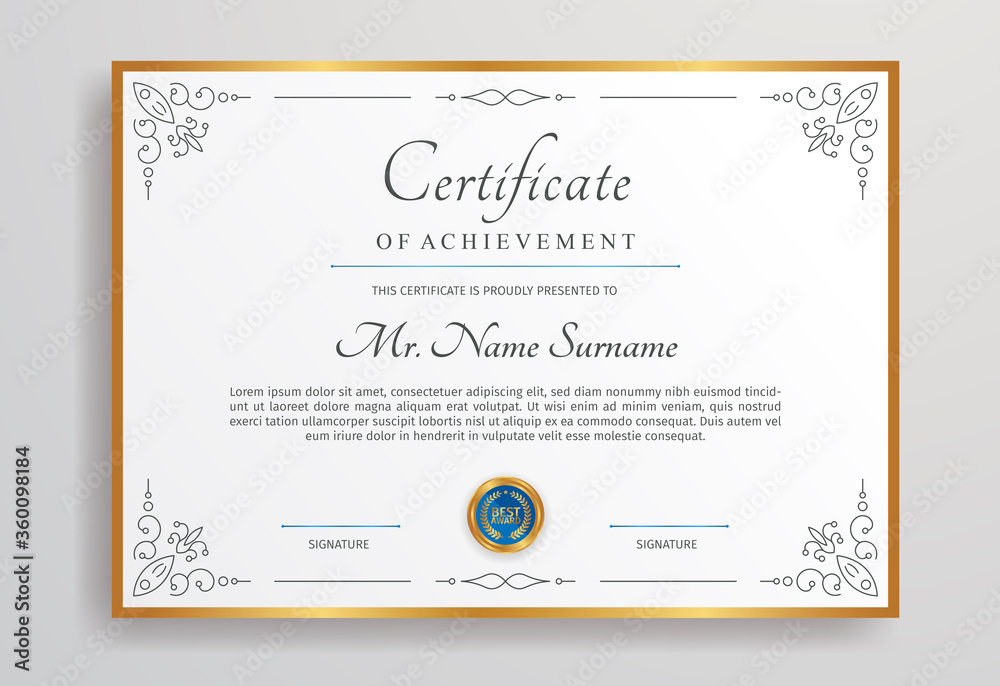 Golden diploma certificate for award, business, and education document printing