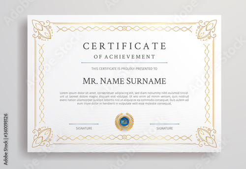 Golden diploma certificate for award, business, and education document printing