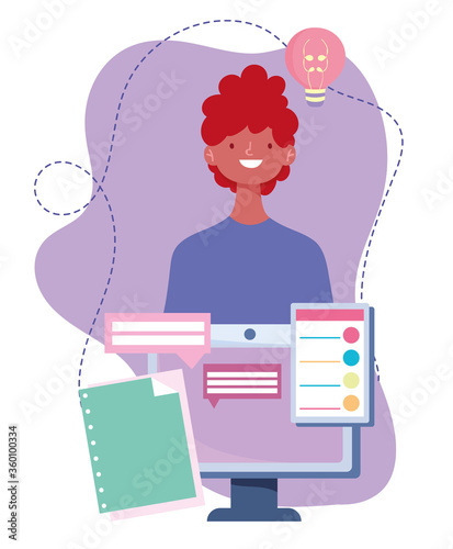 online training, student boy computer homework website, courses knowledge development using internet