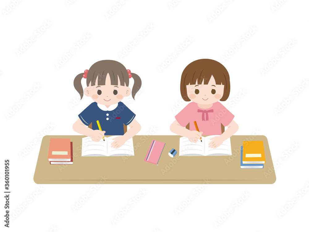 友達と一緒に勉強をするイラスト