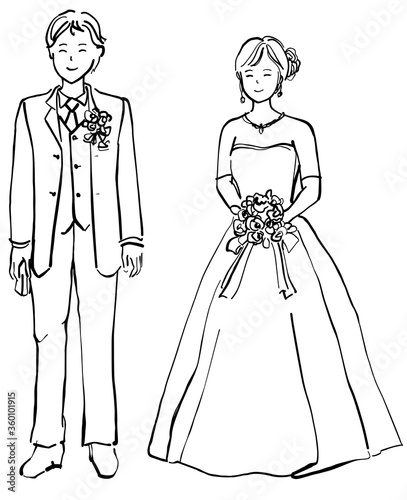 結婚式の新郎新婦　線画　1色