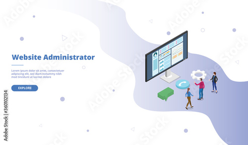 website admin or administrator campaign for web website template page landing home homepage with isometric flat style vector design