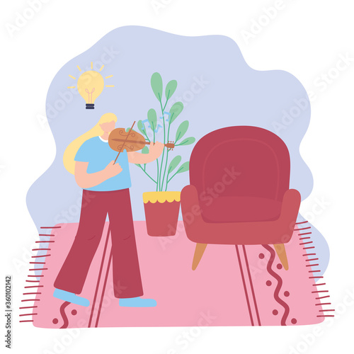 stay at home, girl with fiddle in room, self isolation, activities in quarantine for coronavirus