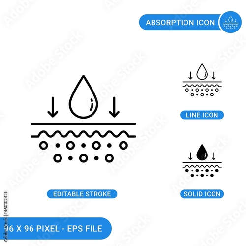 Absorption card icons set vector illustration with solid icon line style. Drop water emulsion concept. Editable stroke icon on isolated background for web design, infographic and UI mobile app.