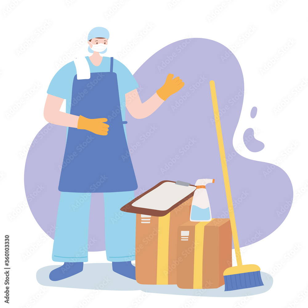 thank you essential workers, cleaner man with brom spray and boxes, wearing face mask, coronavirus covid 19 disease thank you essential workers, cleaner man with brom spray and boxes, wearing face mask, coronavirus covid 19 disease