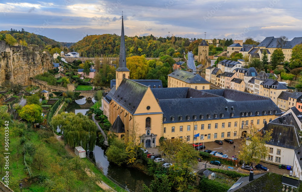 Aerial view of the Neumunster Abbey in the UNESCO World Heritage Site, old town of Luxembourg with its ancient wall