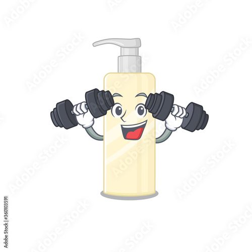 Muscular hair mask mascot design with barbells during exercise