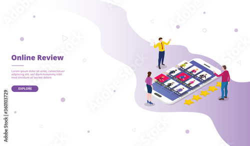 Mobile phone review campaign for web website template page landing home homepage with isometric flat style