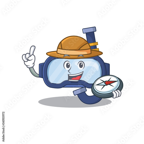 Dive glasses mascot design style of explorer using a compass during the journey