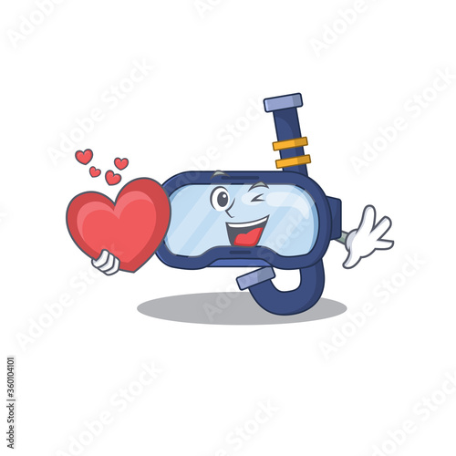 A lovable dive glasses caricature design style holding a big heart