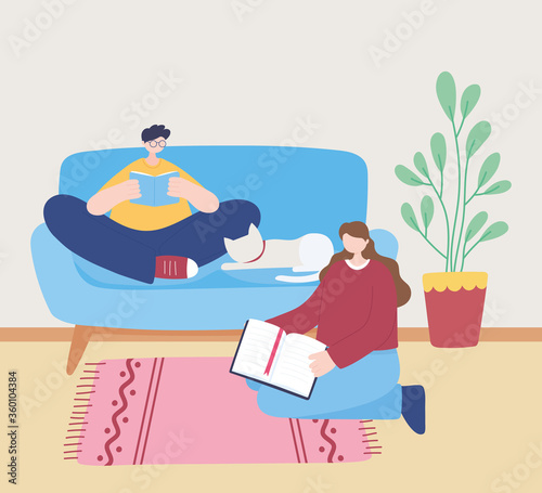 stay at home, girl and boy reading book on sofa with cat, self isolation, activities in quarantine for coronavirus