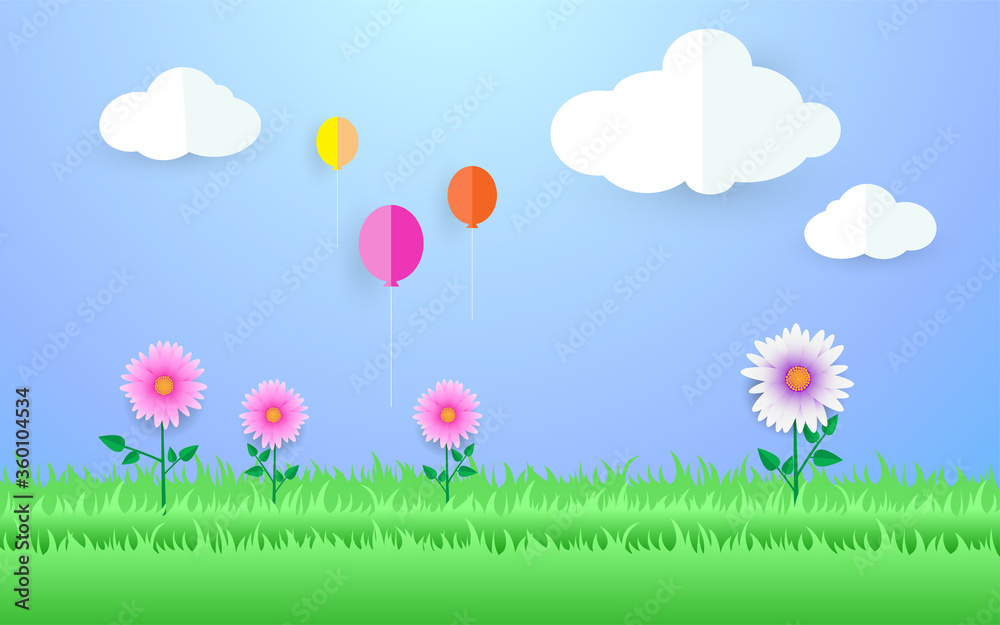 beautiful flowers  , paper art style,colorful air balloon, vector design.