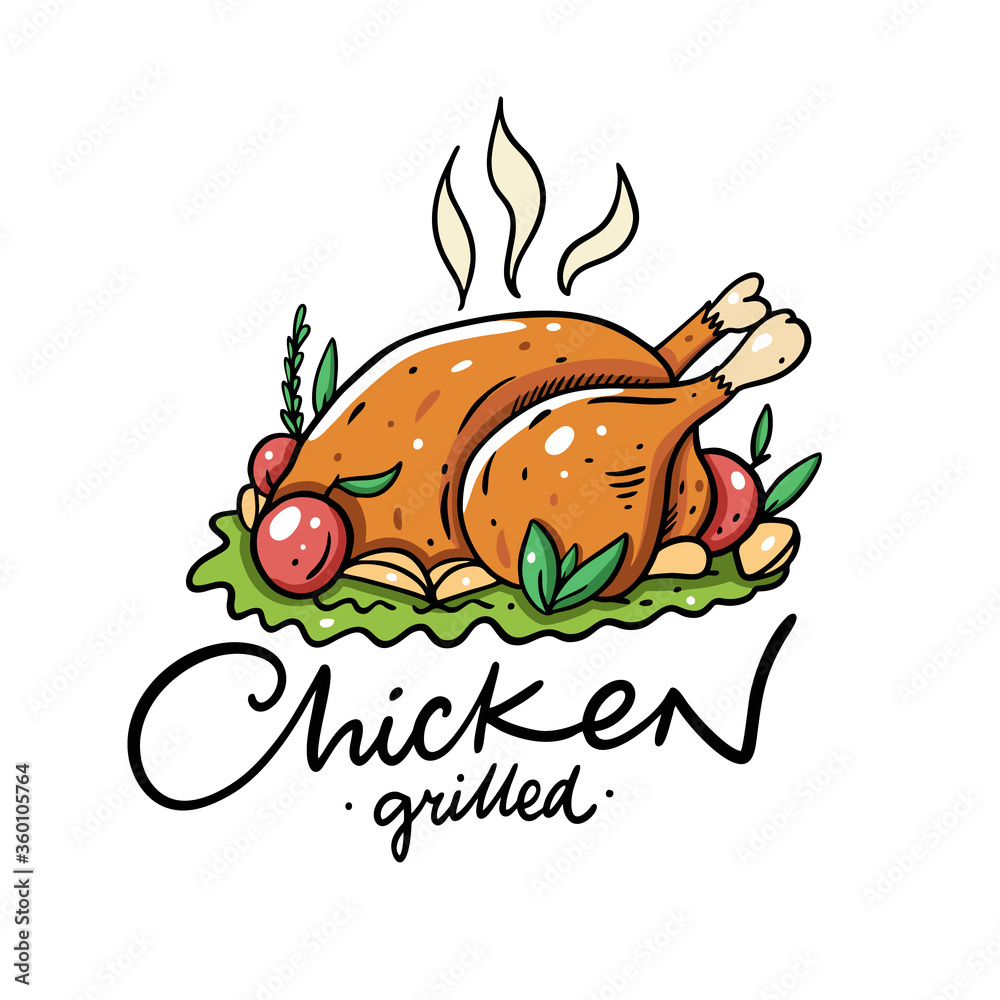 Whole Chicken with apples and potato. Colorful flat vector illustration. Isolated on white background. Whole Chicken with apples and potato. Colorful flat vector illustration. Isolated on white background.