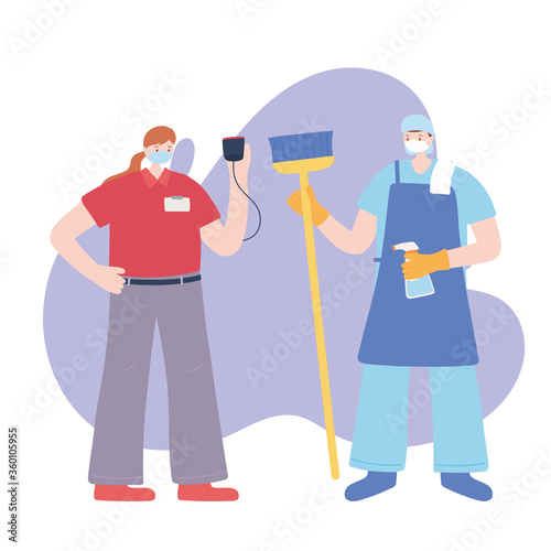 thank you essential workers, cleaner man and delivery woman wearing face masks, various occupations, coronavirus covid 19 disease