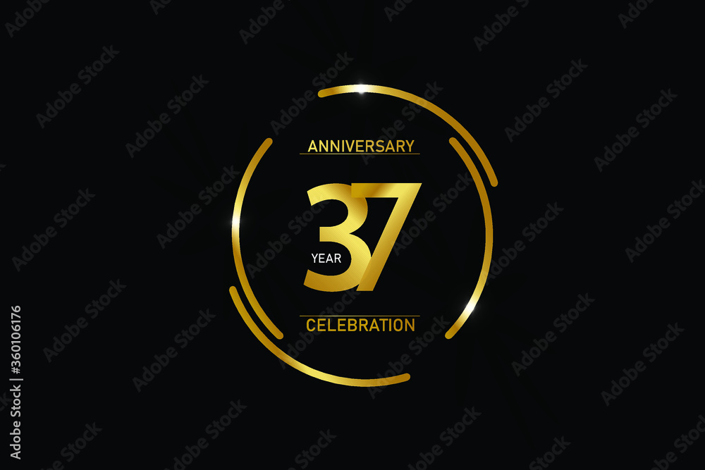 37 year anniversary celebration logotype. anniversary logo with circle golden and Spark light white color isolated on black background - vector