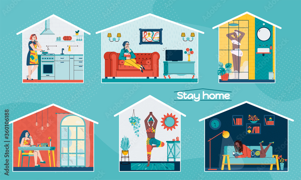 Stay home banners or posters set with women cartoon characters busy with domestic chores, sport and leisure, flat vector illustration isolated on blue background.