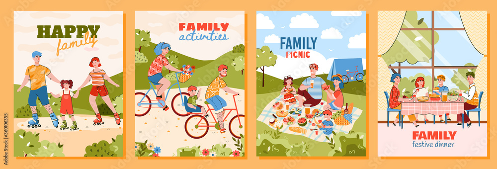Happy family doing summer activities - cartoon poster set of parents with children on nature picnic, riding on roller skates and bicycle together. Vector illustration.