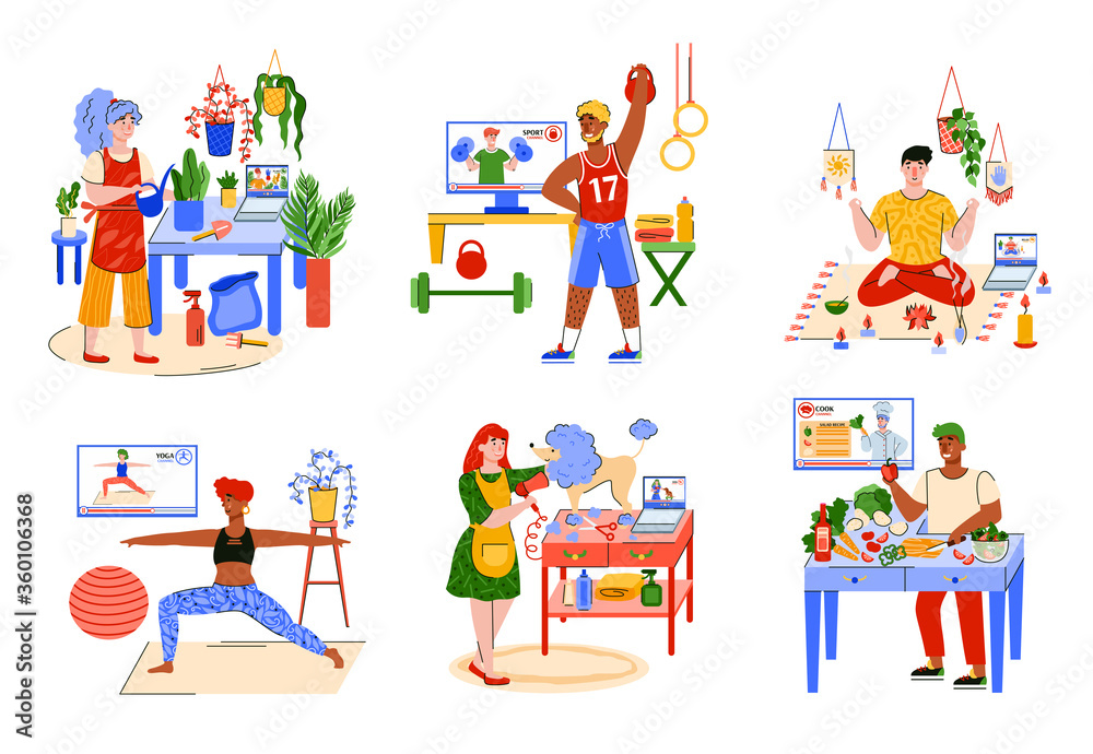 Fototapeta premium People at home and hobby activities - isolated set of men and women in quarantine cooking, doing sport exercises, etc. on white background. Vector illustration.