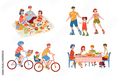 Happy family with children on summer activities - picnic, roller skates, riding bicycles and having meal together. Cartoon parents and kids, isolated vector illustration.