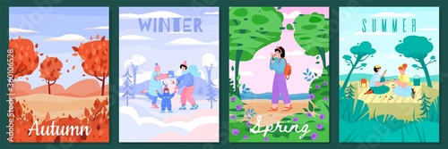 Nature seasons poster set with outdoor landscape and cartoon people. Autumn, winter, spring and summer - colorful seasonal cards vector illustration.