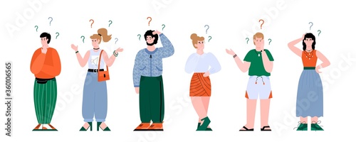 Confused people set, cartoon men and women with question marks scratching their head and looking puzzled and thinking. Isolated vector illustration on white background.