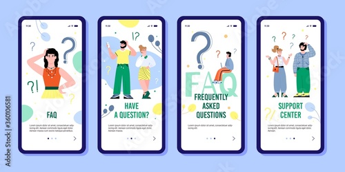 Onboarding mobile set for FAQ and customers support pages with confused people characters among question marks, cartoon vector illustration isolated on white background.