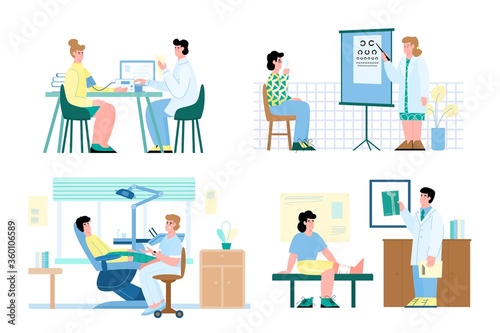 A set of situations with people undergoing medical examinations. Patients visiting various doctors for treatment and diagnosis. People visit a dentist  ophthalmologist  surgeon  and therapist
