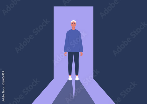 Young male character standing in a doorway, light and shadow contrast, spectacular appearance