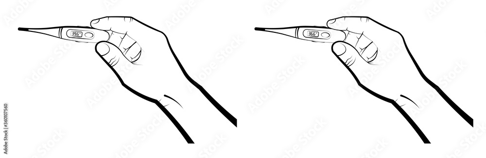mans hand holds an electronic thermometer with a normal body temperature of 36.6 and a high of 39.6 degrees Celsius. Health and disease prevention. Isolated vector on white background mans hand holds an electronic thermometer with a normal body temperature of 36.6 and a high of 39.6 degrees Celsius. Health and disease prevention. Isolated vector on white background