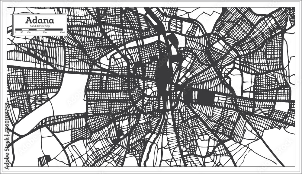 Adana Turkey City Map in Black and White Color in Retro Style. Outline Map.