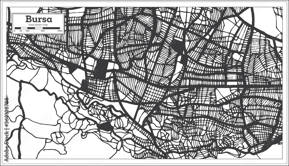 Bursa Turkey City Map in Black and White Color in Retro Style. Outline Map.
