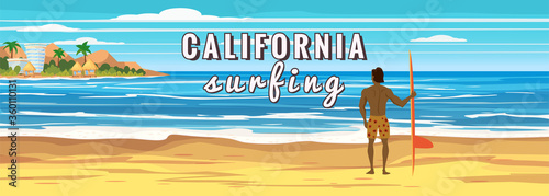 Summer beach surfer character man with surfboard on California ocean coast