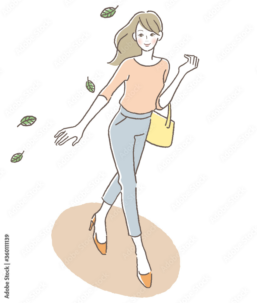 風に舞う葉を見上げ歩く女性 俯瞰 Stock Vector Adobe Stock
