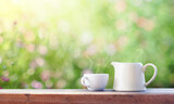 Tea cup set on the wooden table. nature background