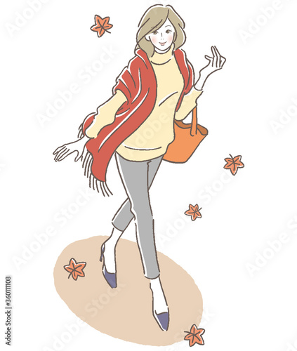 風に舞う紅葉を見上げ歩く女性　俯瞰