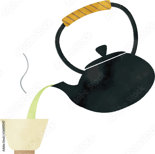急須で緑茶をお湯呑みに注ぐイラスト
