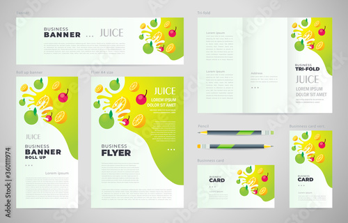 Juice fruit drops liquid  green apple element Set flyer cover, tri-fold, banner, roll up banner, business card.