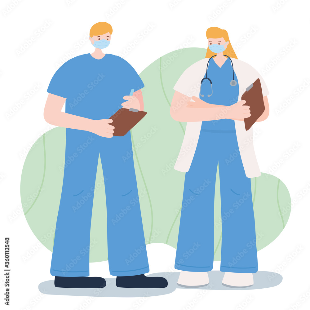 thank you essential workers, male and female doctors, wearing face masks, coronavirus covid 19 disease thank you essential workers, male and female doctors, wearing face masks, coronavirus covid 19 disease