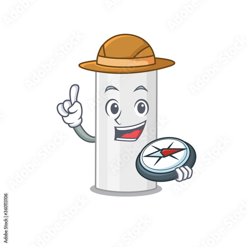 Hair spray mascot design style of explorer using a compass during the journey