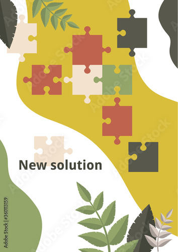 Puzzle piece on background with leaves. The concept of teamwork, collaboration, finding a solution. Vector