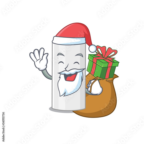 Cartoon design of hair spray Santa having Christmas gift