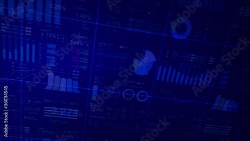 Financial animation with pie, bar and line charts. Stock exchange information and figures showing a downward trend. Economy background. photo