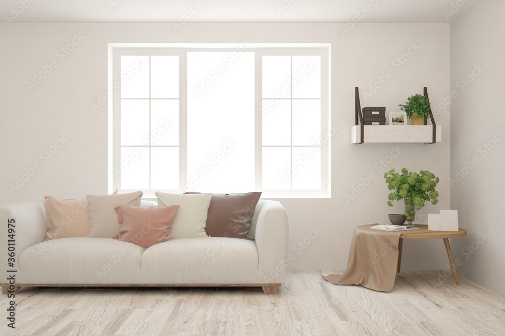 Fototapeta premium White living room with sofa. Scandinavian interior design. 3D illustration