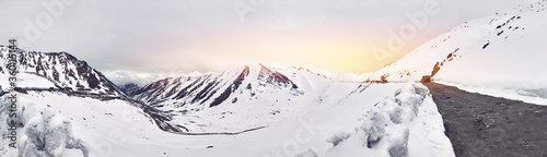 panorama Khardung La Road with heavy snow in summer season at Leh Ladakh