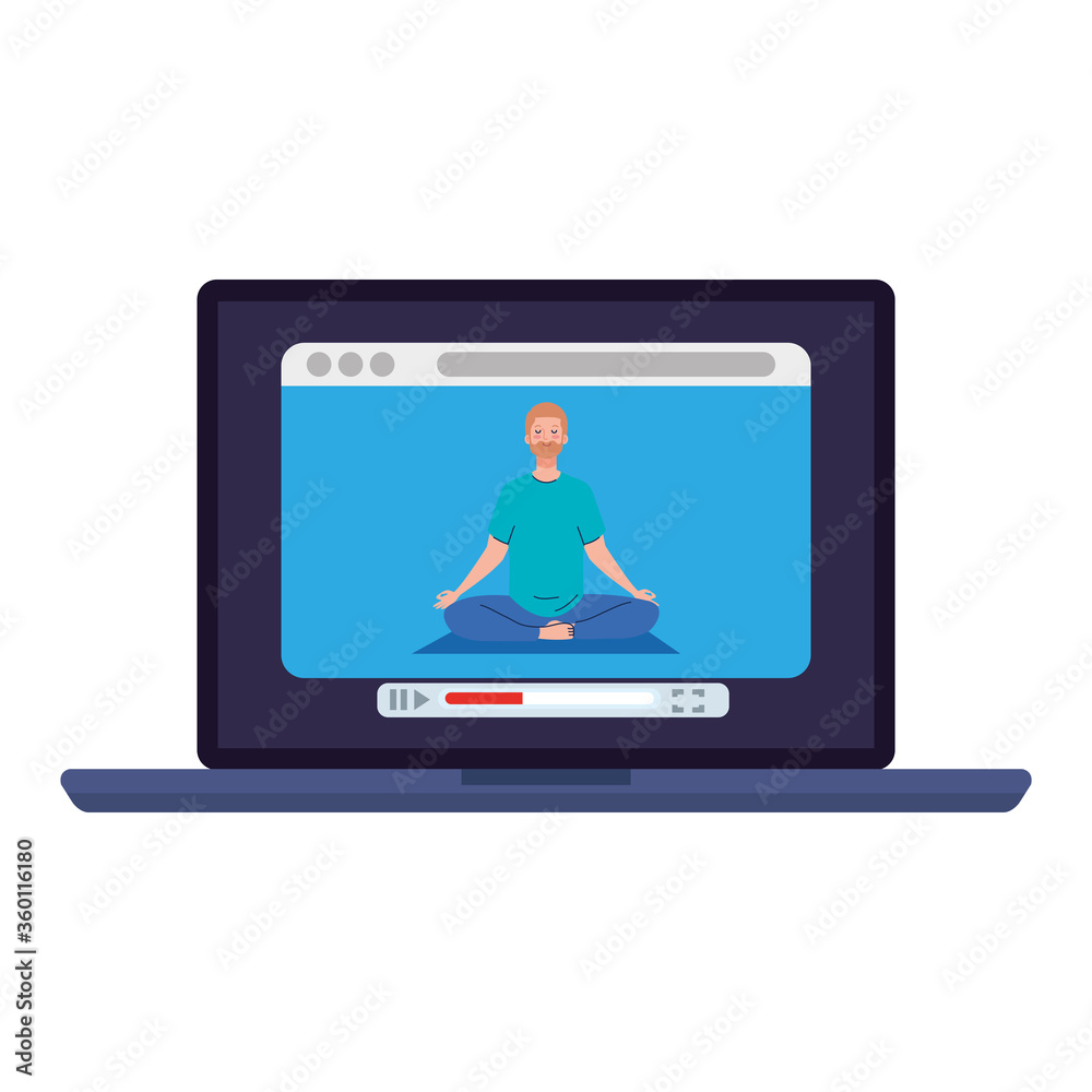 online, yoga concept, man practices yoga and meditation, watching a broadcast on a laptop computer online, yoga concept, man practices yoga and meditation, watching a broadcast on a laptop computer