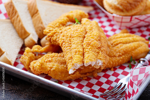 Southern fried fish with toast, buttermilk breaded cod or catfish
