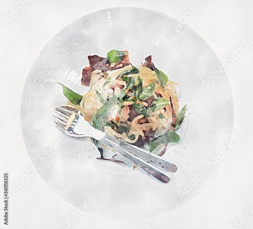 spaghetti served on dish in digital water-color painting