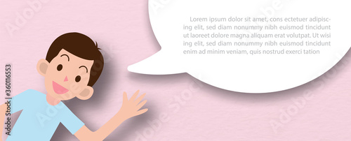 Closeup and crop a man in cartoon character with white wording balloon and shadow isolated on pink paper pattern background.
